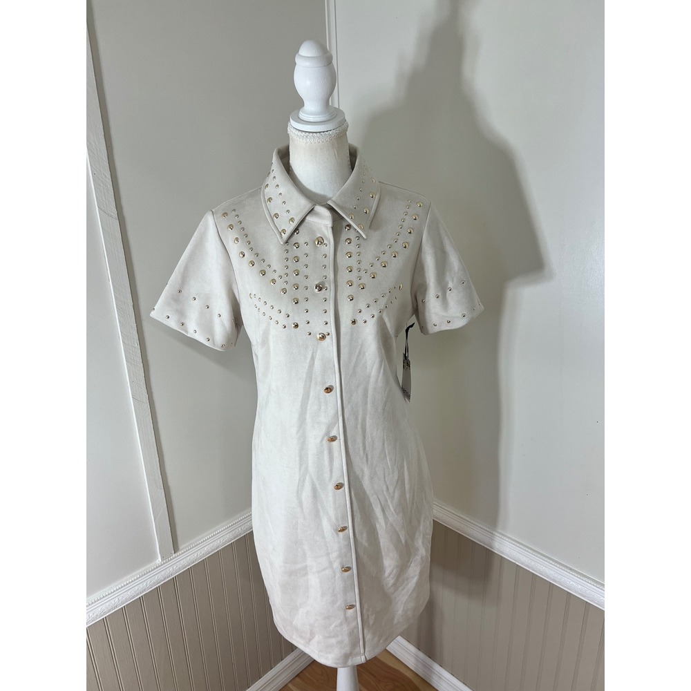 Kensie Womens Faux Suede Studded Western Shirt Dress Beige Cream Gold Studs 8